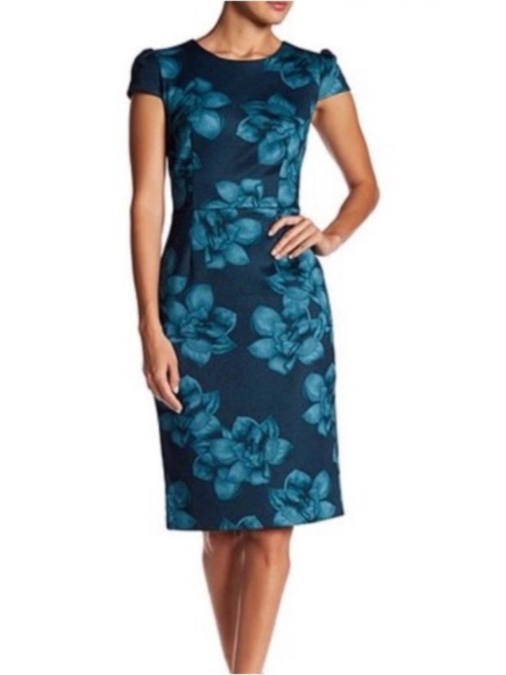 Betsey Johnson Teal Blue Green Floral Cap Sleeve Sheath Shift Dress Sz 12 VTG